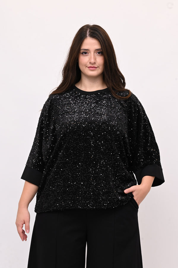 Felpa ciniglia paillettes - Nero