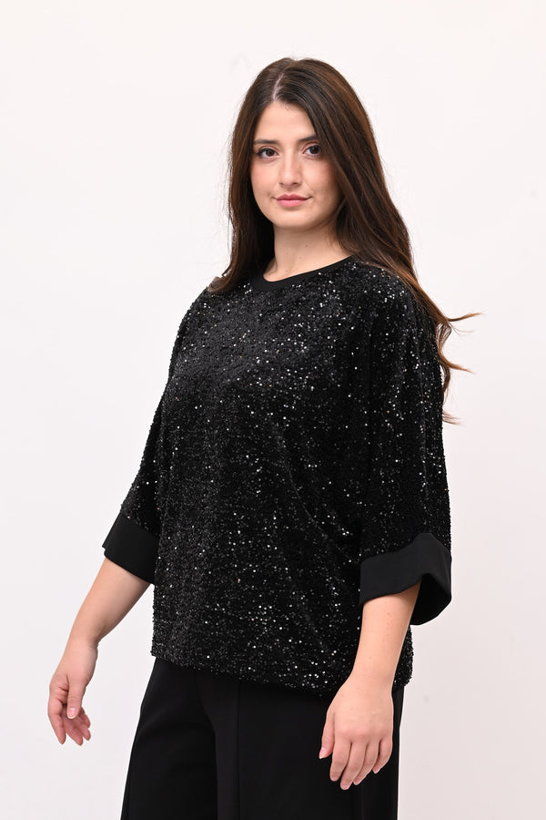 Felpa ciniglia paillettes - Nero