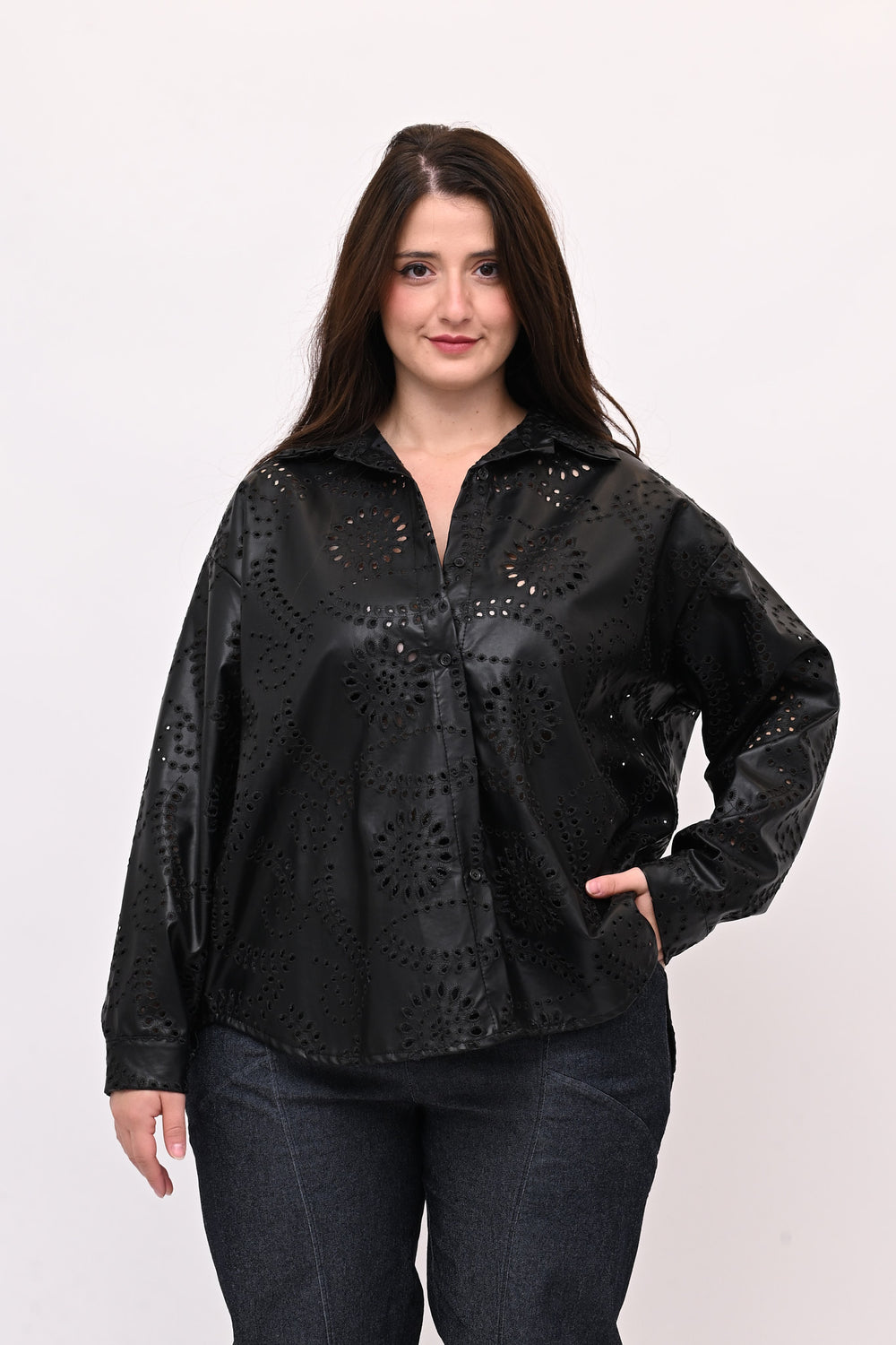 Camicia sangallo ecopelle - Nero