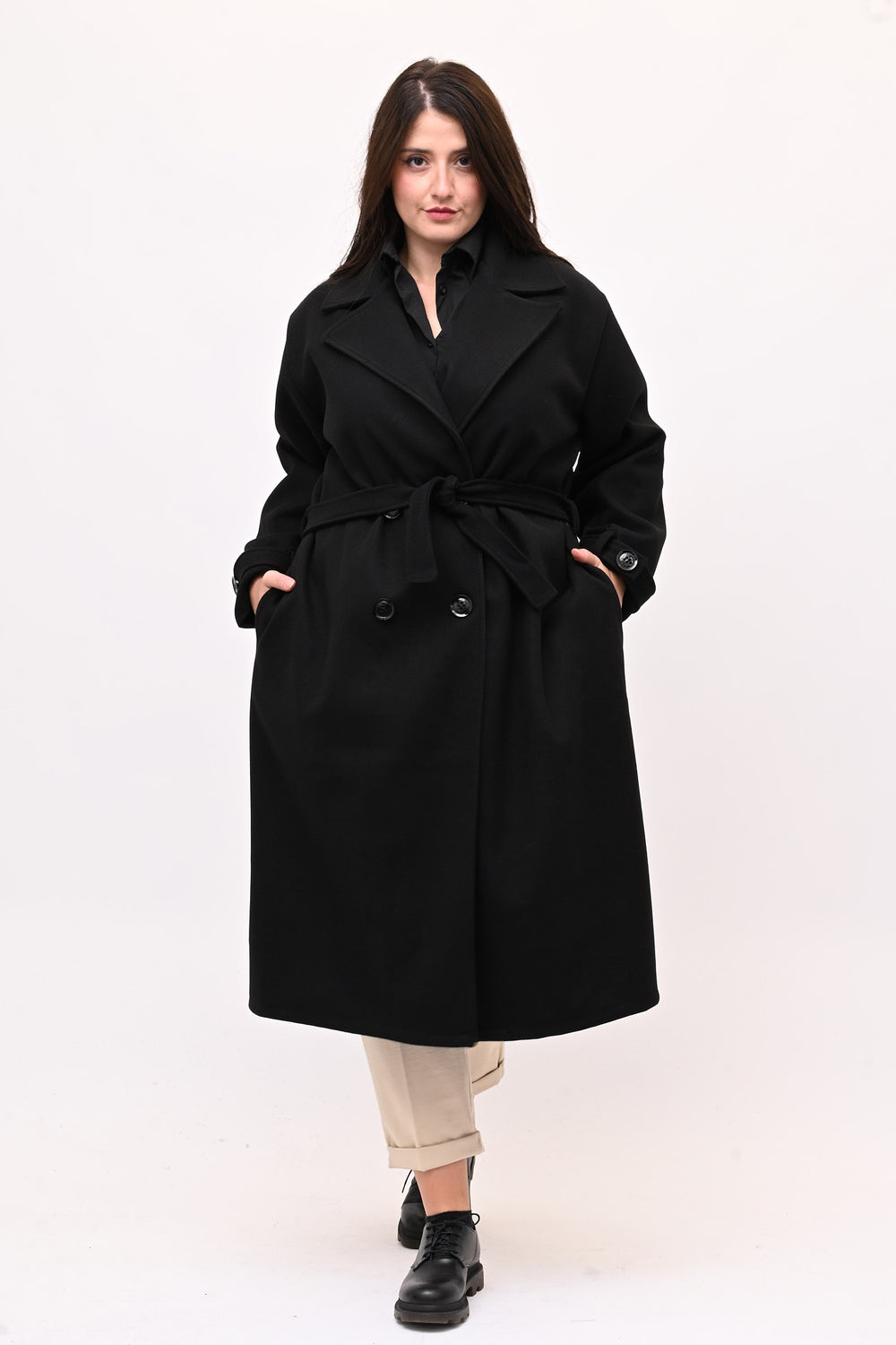 Cappotto doppio petto cinta - Nero