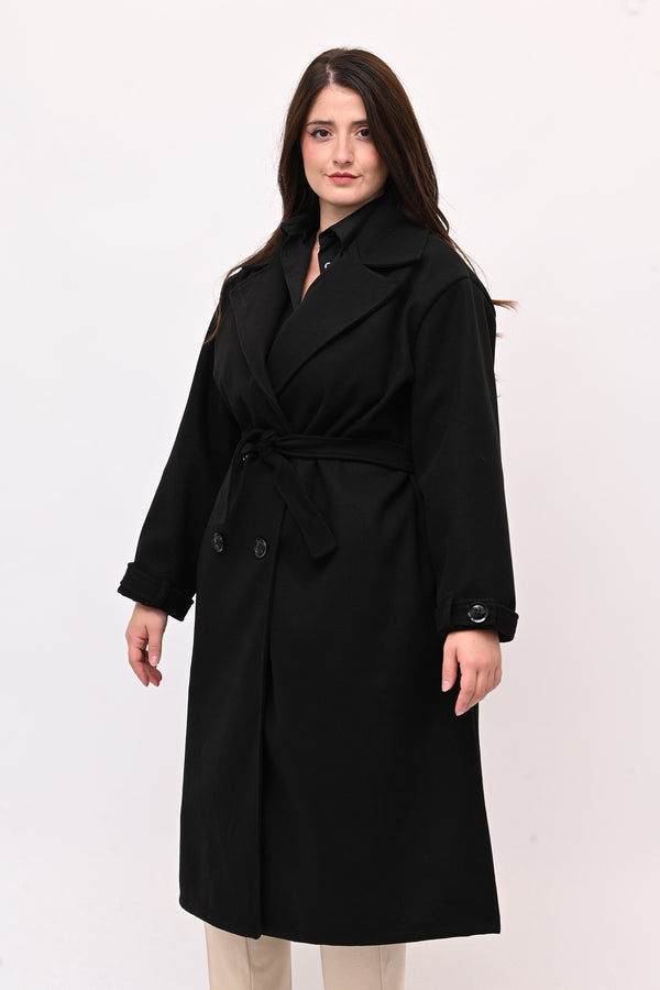 Cappotto doppio petto cinta - Nero