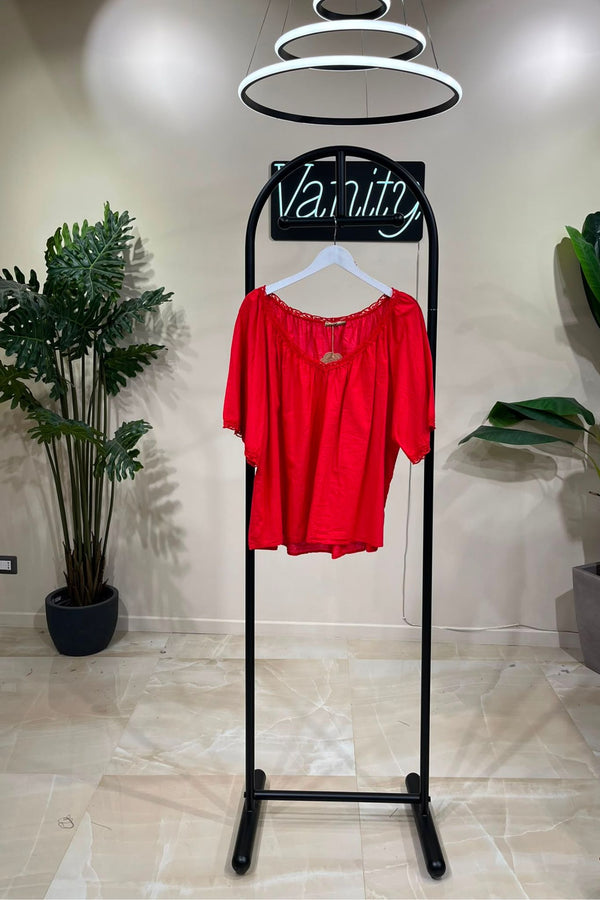 Blusa scollo V merletto - Rosso