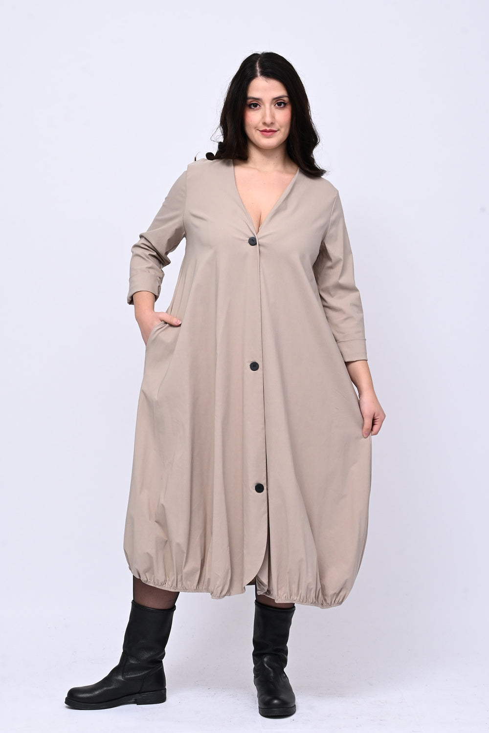 Abito bottoni elastico - Greige