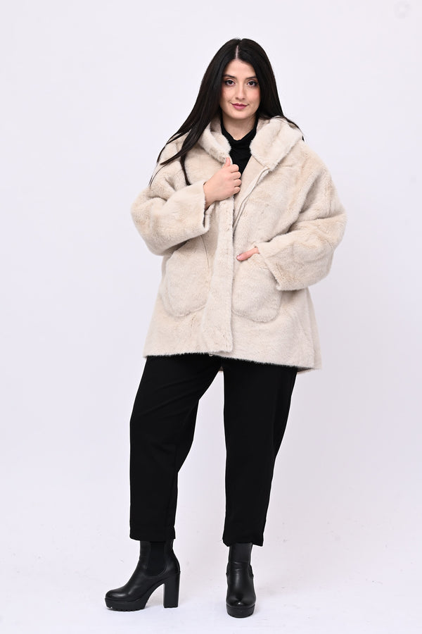 Eco pelliccia double face cappuccio - Burro