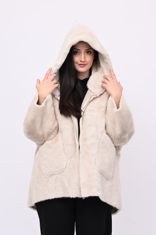 Eco pelliccia double face cappuccio - Burro