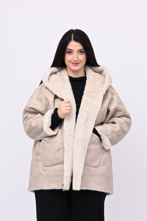 Eco pelliccia double face cappuccio - Burro