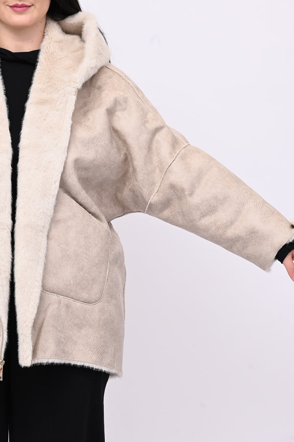 Eco pelliccia double face cappuccio - Burro
