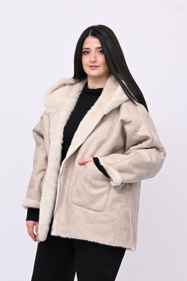 Eco pelliccia double face cappuccio - Burro