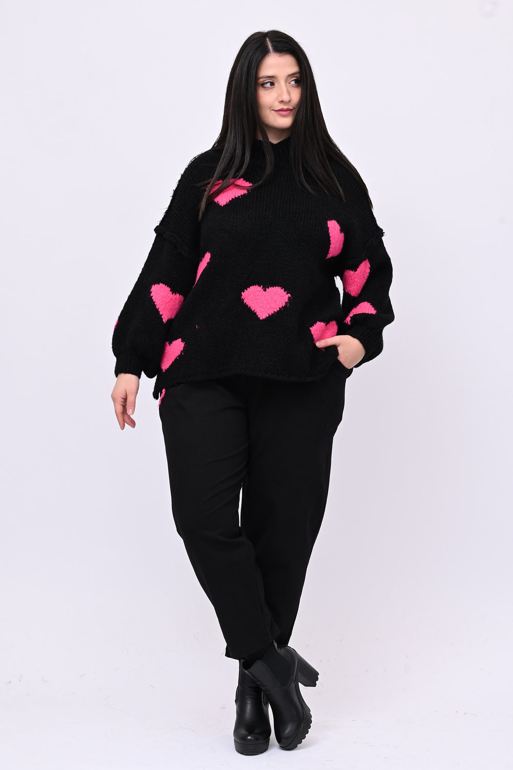 Pull cuori lana - Nero