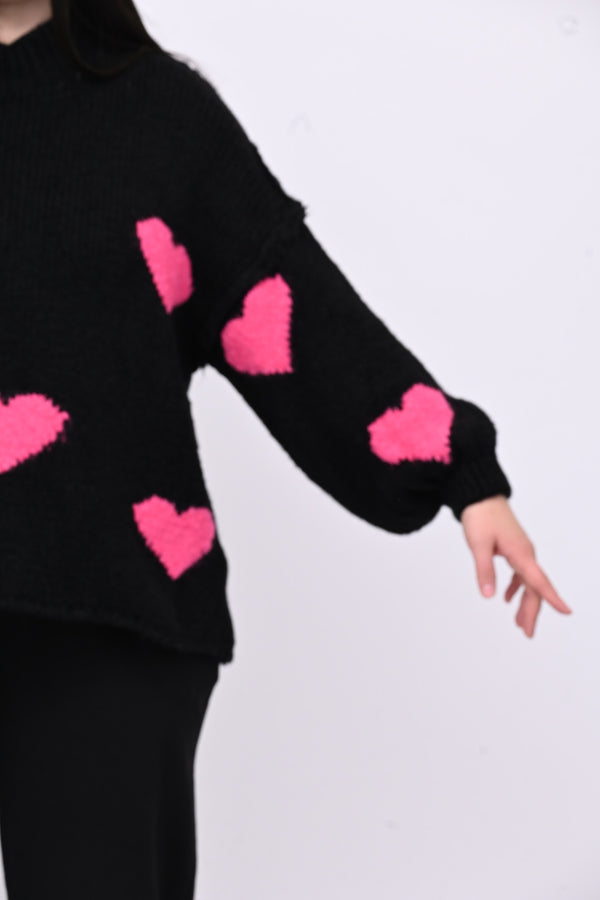Pull cuori lana - Nero