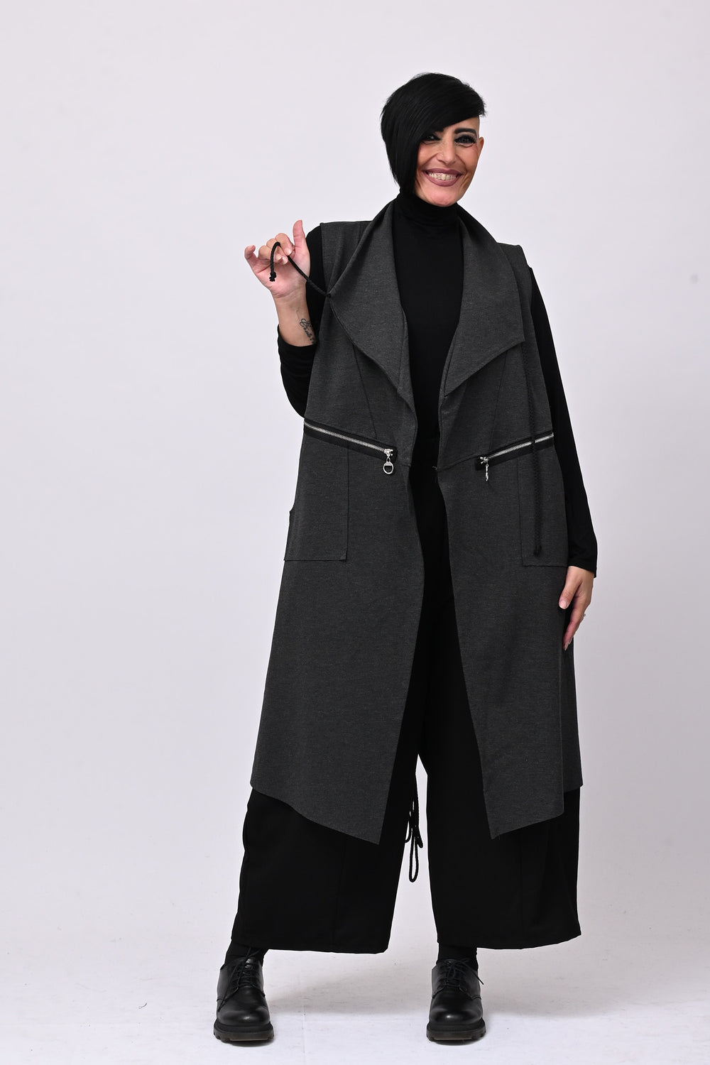 Gilet lungo zip arricciato - Grigio