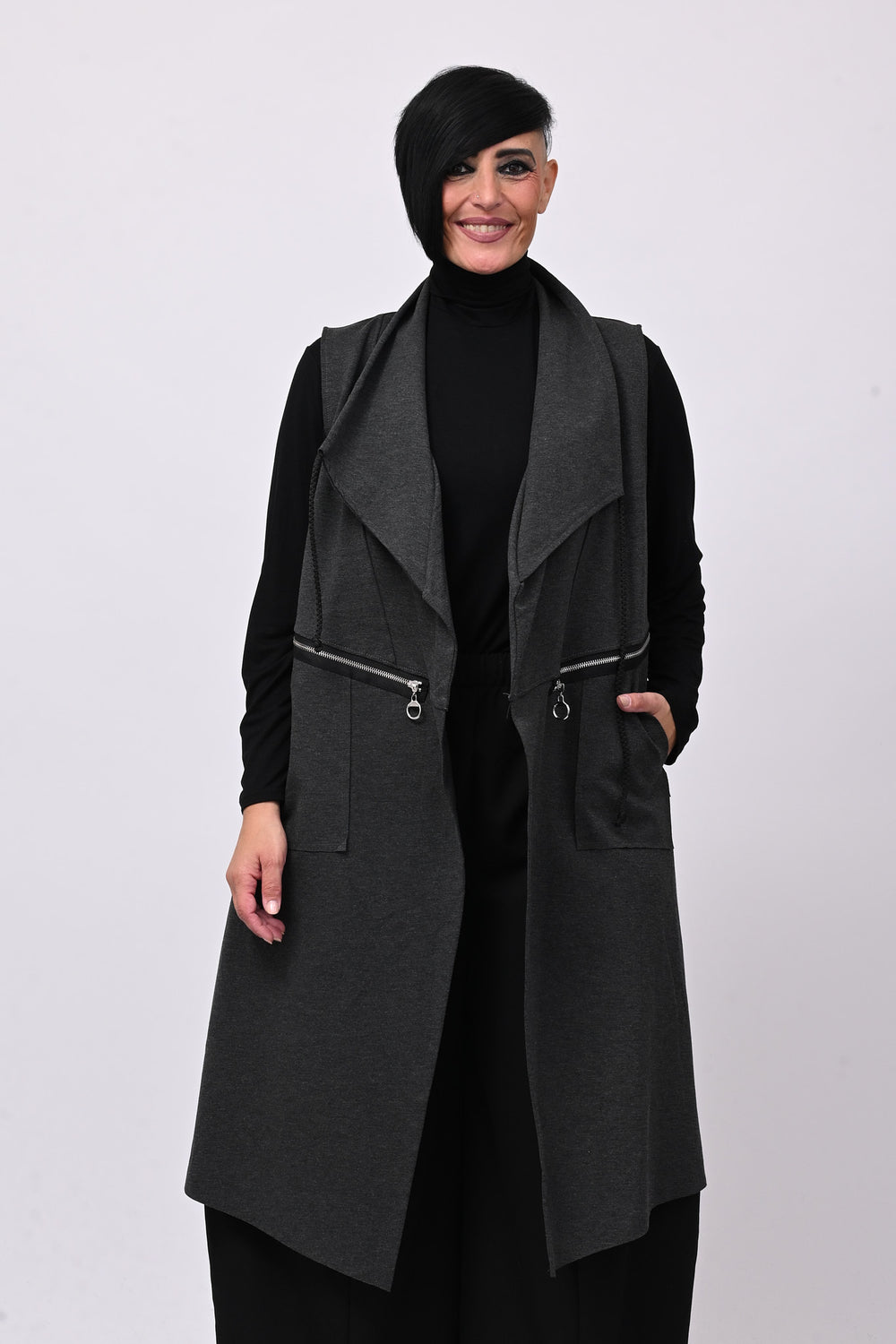 Gilet lungo zip arricciato - Grigio