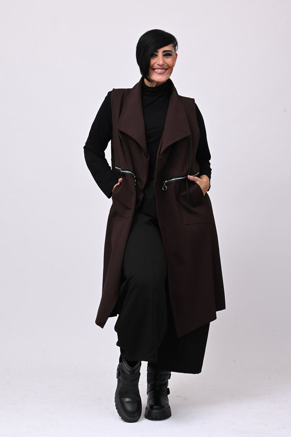 Gilet lungo zip arricciato - Moro