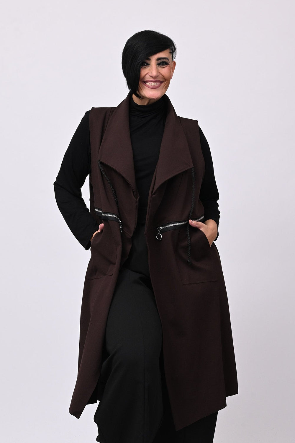 Gilet lungo zip arricciato - Moro
