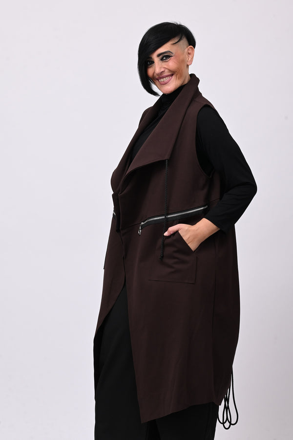 Gilet lungo zip arricciato - Moro