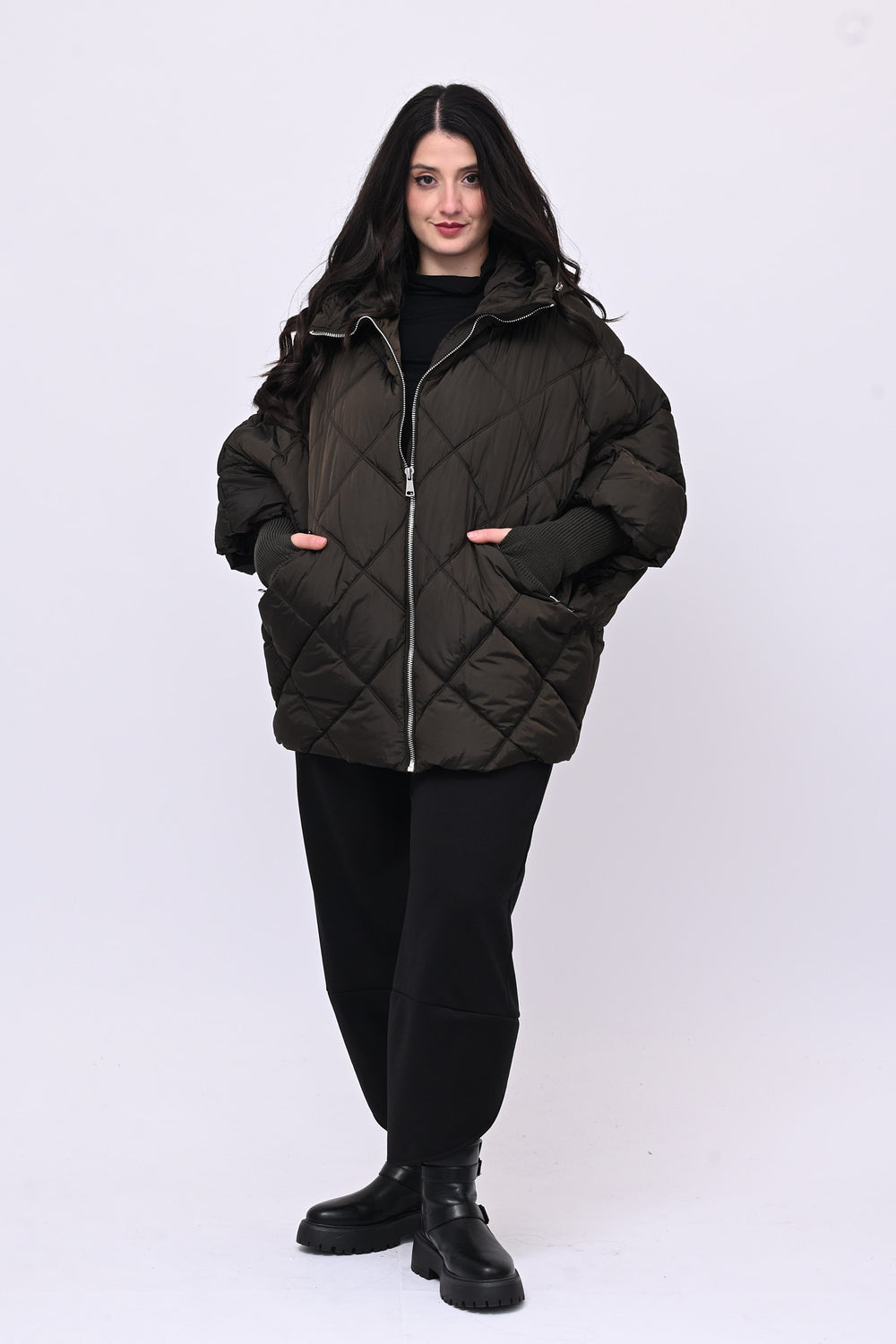 Piumino ovetto inserti maglia - Verde militare