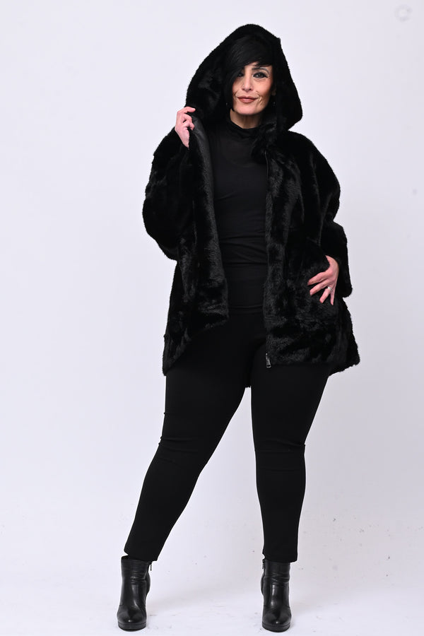 Eco pelliccia double face cappuccio - Nero