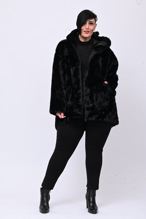 Eco pelliccia double face cappuccio - Nero