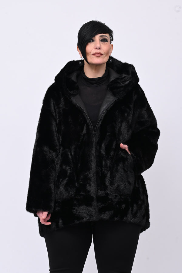 Eco pelliccia double face cappuccio - Nero