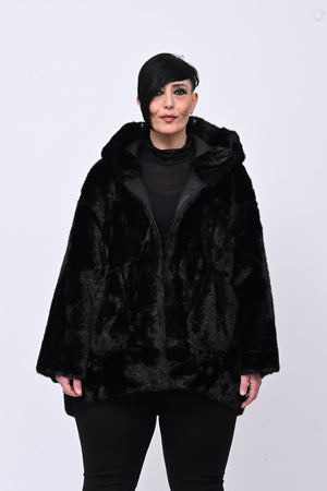 Eco pelliccia double face cappuccio - Nero