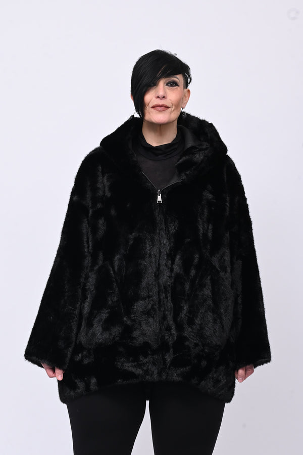 Eco pelliccia double face cappuccio - Nero