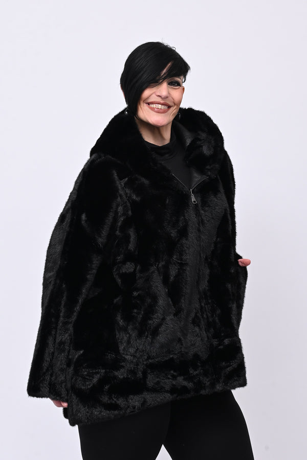 Eco pelliccia double face cappuccio - Nero