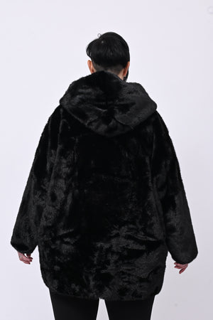 Eco pelliccia double face cappuccio - Nero