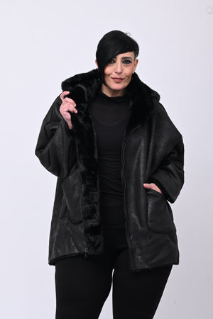 Eco pelliccia double face cappuccio - Nero