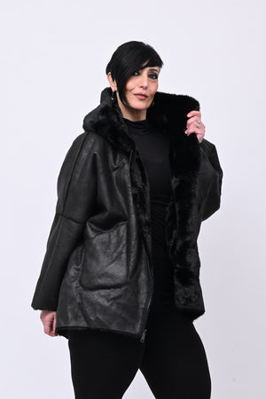 Eco pelliccia double face cappuccio - Nero