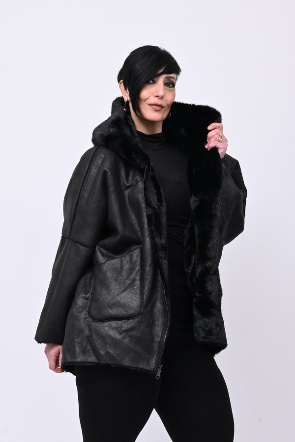 Eco pelliccia double face cappuccio - Nero
