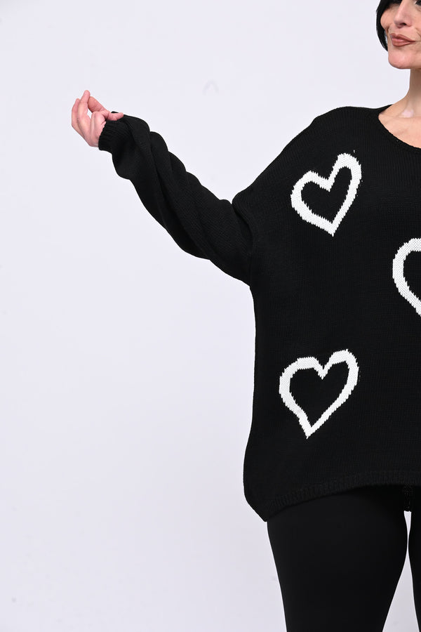 Maxi pull cuori - Nero