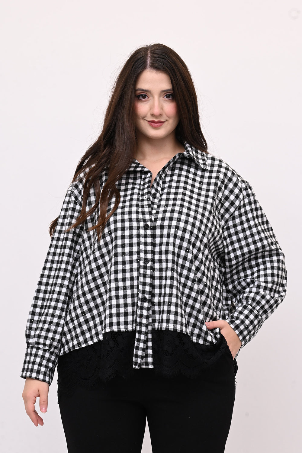Camicia quadri pizzo - Bianco / Nero