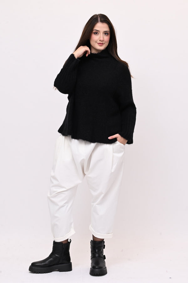 Maglia mohair manica coste lupetto - Nero