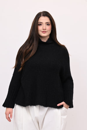 Maglia mohair manica coste lupetto - Nero