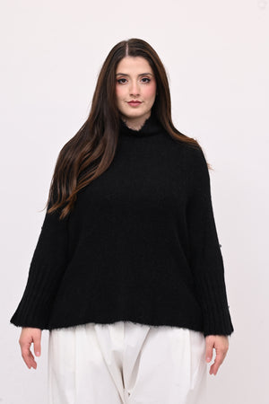 Maglia mohair manica coste lupetto - Nero