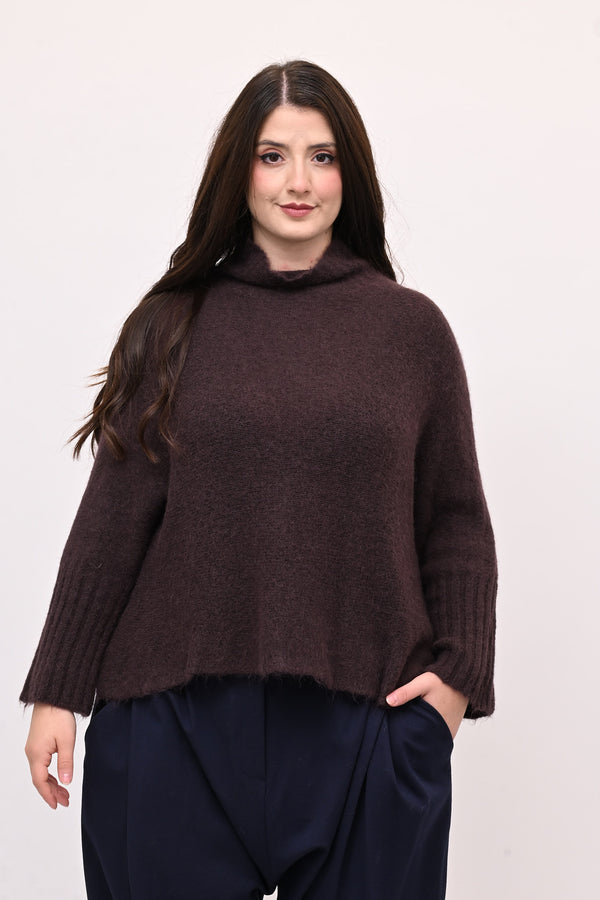 Maglia mohair manica coste lupetto - Moro