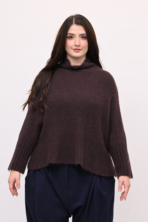 Maglia mohair manica coste lupetto - Moro