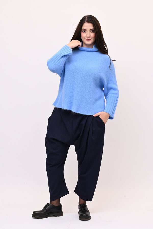 Maglia mohair manica coste lupetto - Cielo