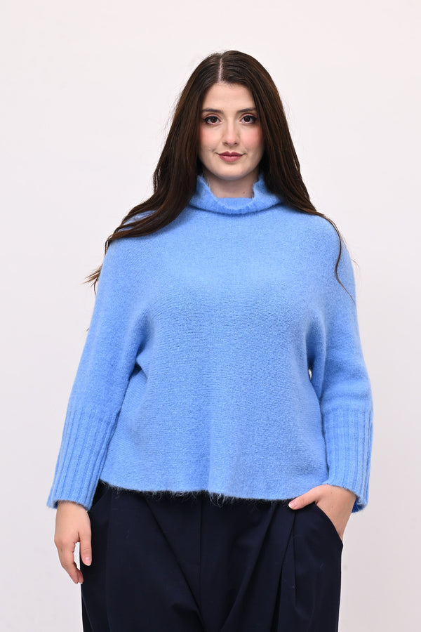 Maglia mohair manica coste lupetto - Cielo