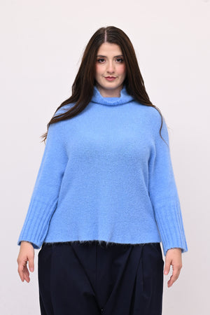 Maglia mohair manica coste lupetto - Cielo