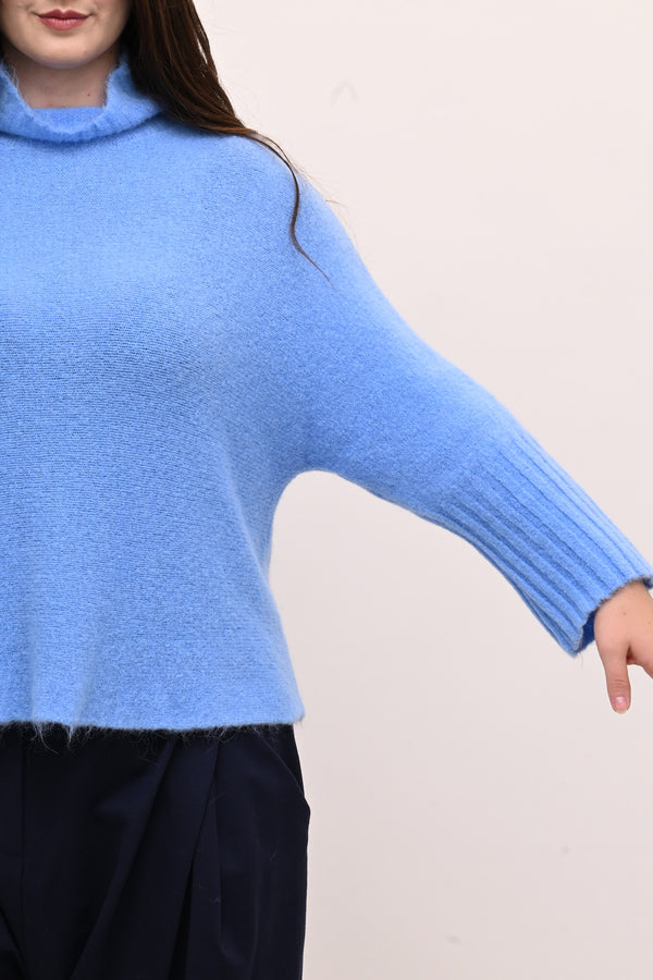 Maglia mohair manica coste lupetto - Cielo