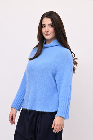 Maglia mohair manica coste lupetto - Cielo