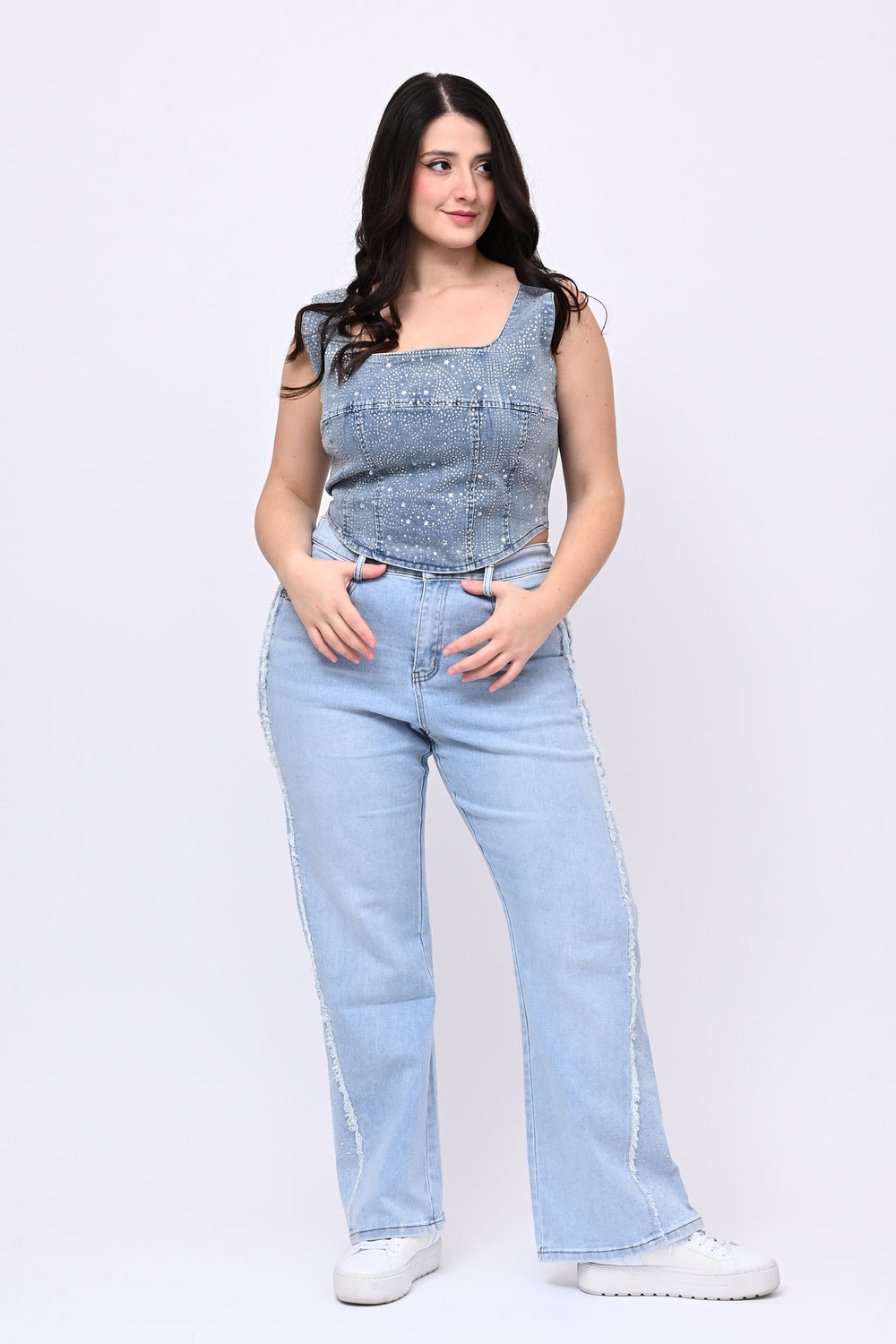 Jeans frange e strass - Jeans chiaro
