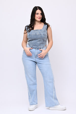 Jeans frange e strass - Jeans chiaro