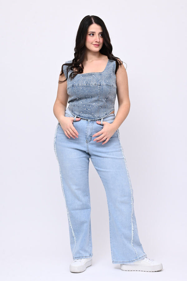 Jeans frange e strass - Jeans chiaro