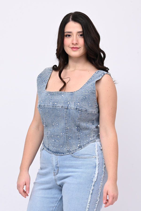 Bustino jeans strass - Jeans chiaro