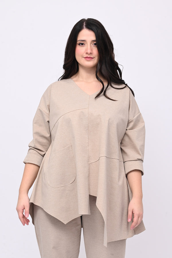 Maglia scollo V tasca - Sabbia