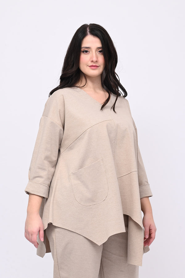 Maglia scollo V tasca - Sabbia