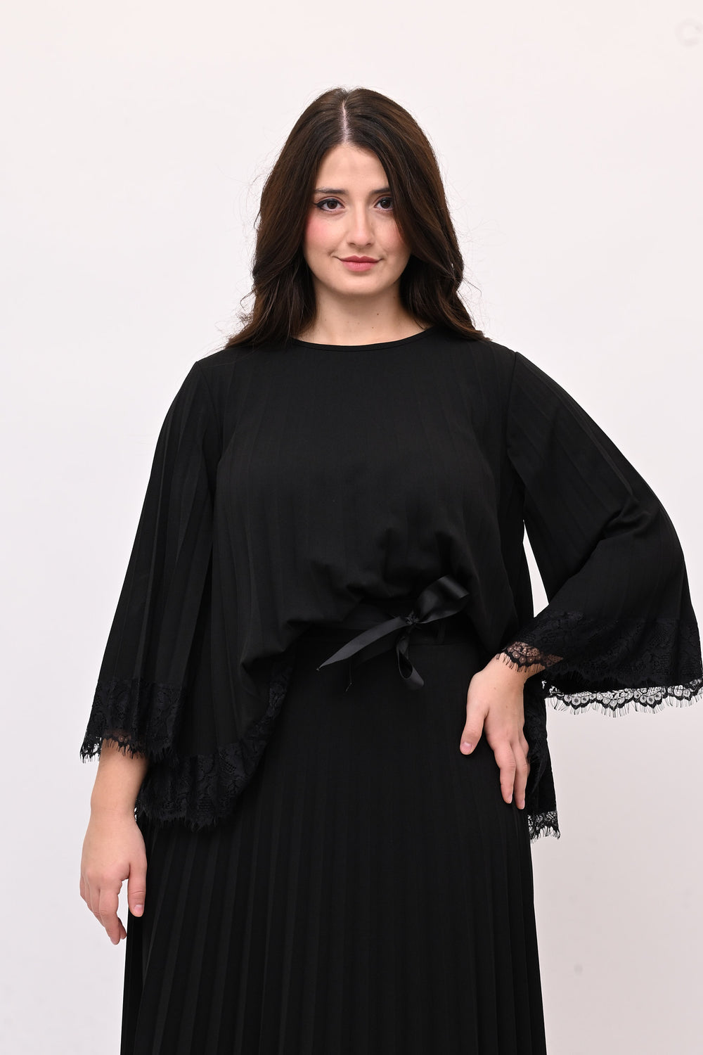 Maglia plisse pizzo - Nero