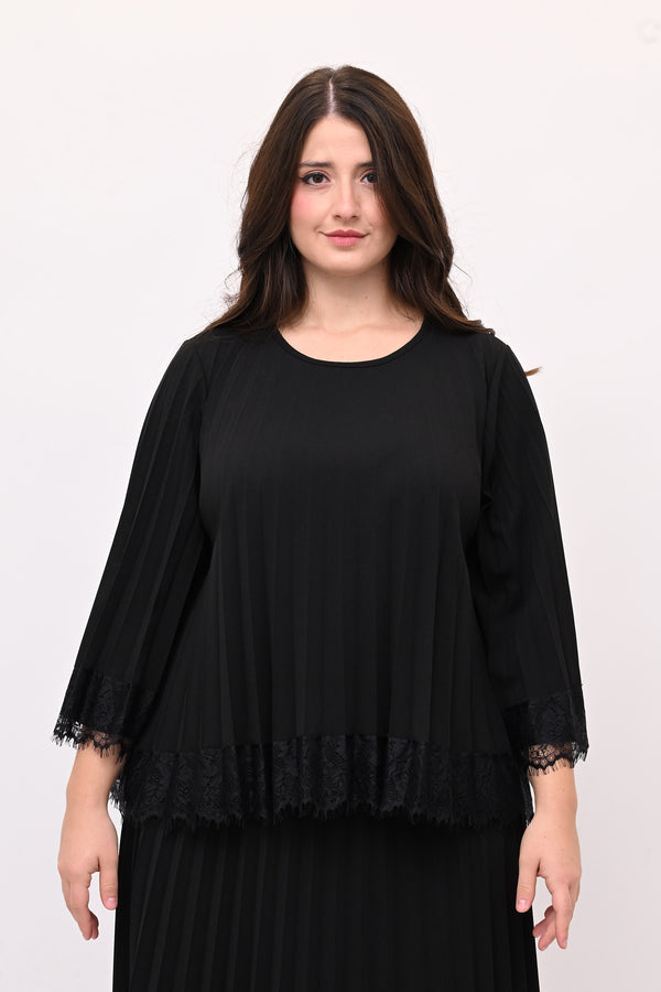 Maglia plisse pizzo - Nero